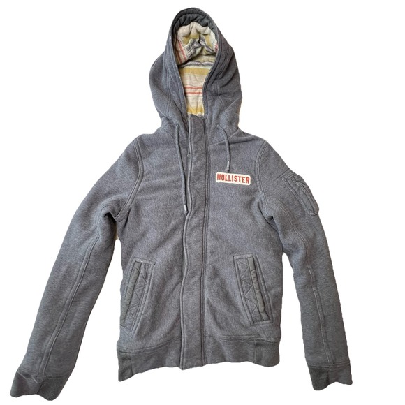 Hollister Distressed Flannel Jacket Coat Sweat Hoodie Full Zip Men's Gray Size S - Picture 1 of 13